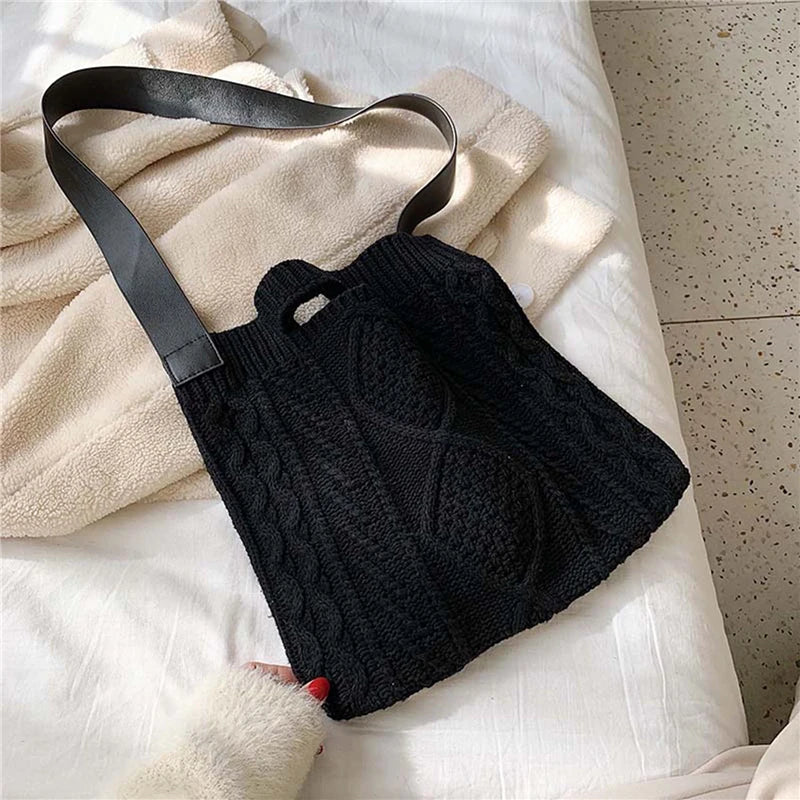 Feminino de lã malha trança criss cruz bolsa adolescente crochê