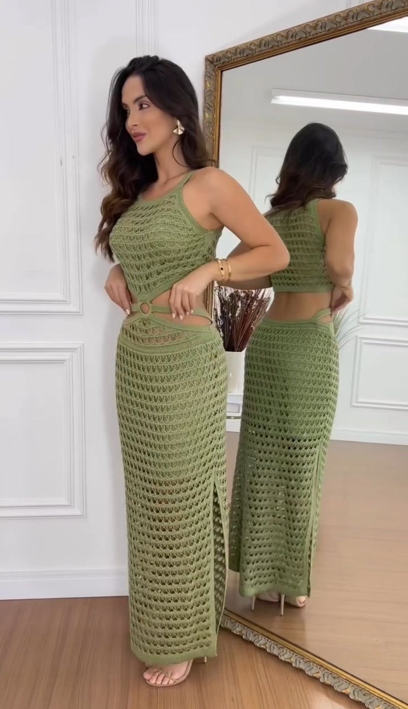 Vestido Longo Detalhado na Cintura - Festival Feminino Verde